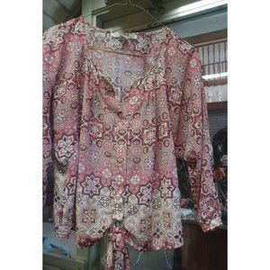 XXI Contemporary Boho Print Womens Blouse Pinks Medium Waist Tie